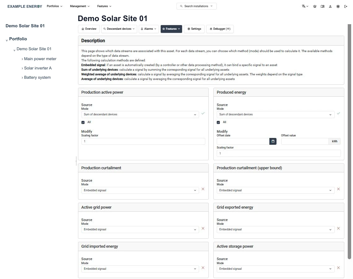 An anonymized SmartgridX data-stream configuration with calculation and scaling controls