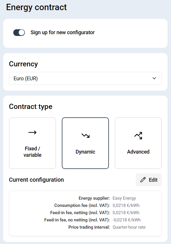 Example energy contract configuration